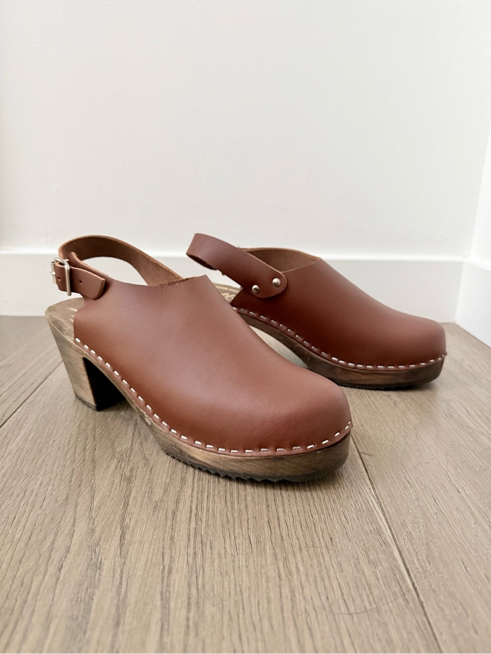 Lotta From Stockholm Cognac Brown Leather SlingbackWooden Swedish Clogs EU 41
